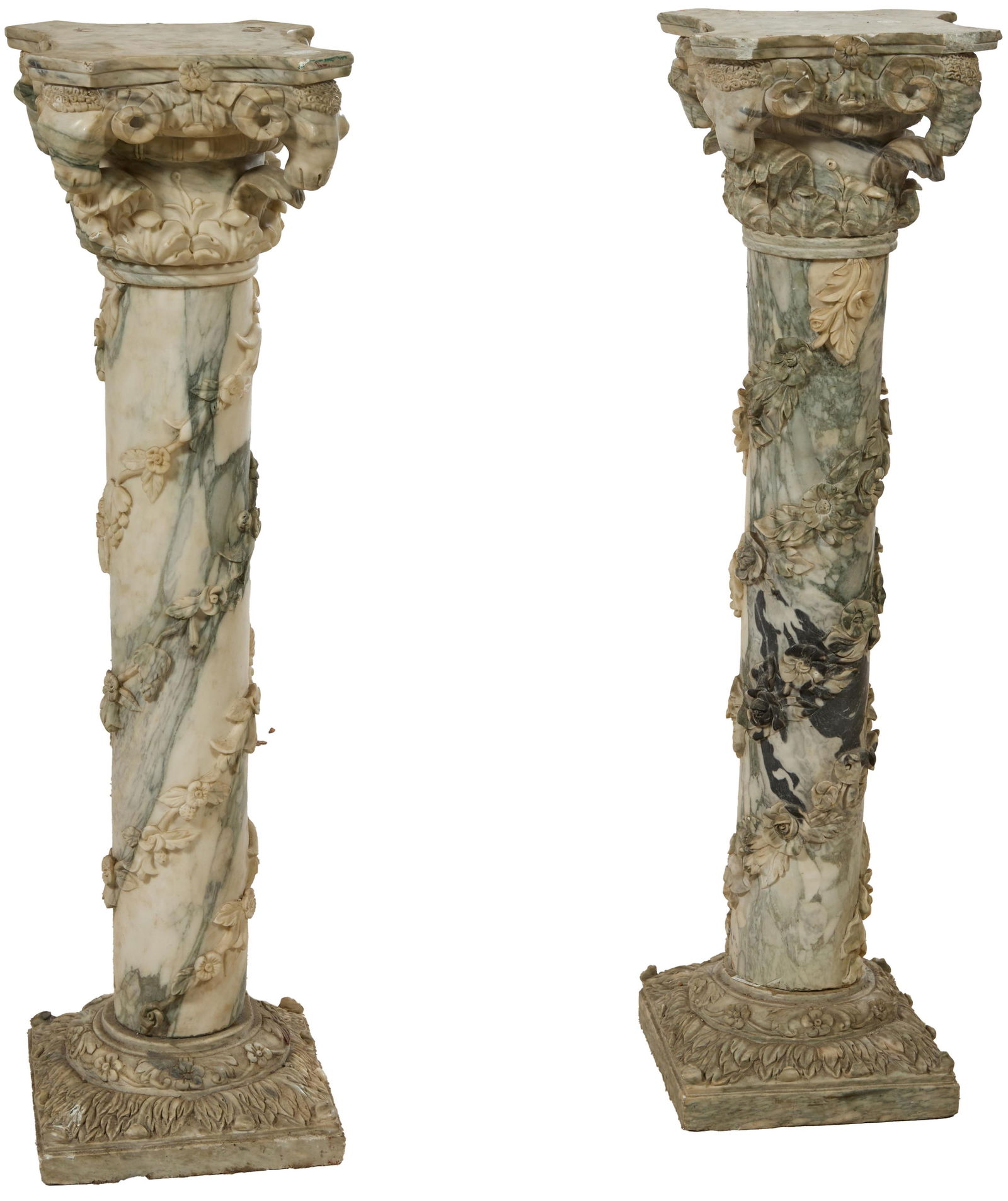 Pair of Baroque Style Ram's Head Variegated Marble Pedestals, 20th c., H.- 46 in., W.- 12 in., D.- (1 of 6)