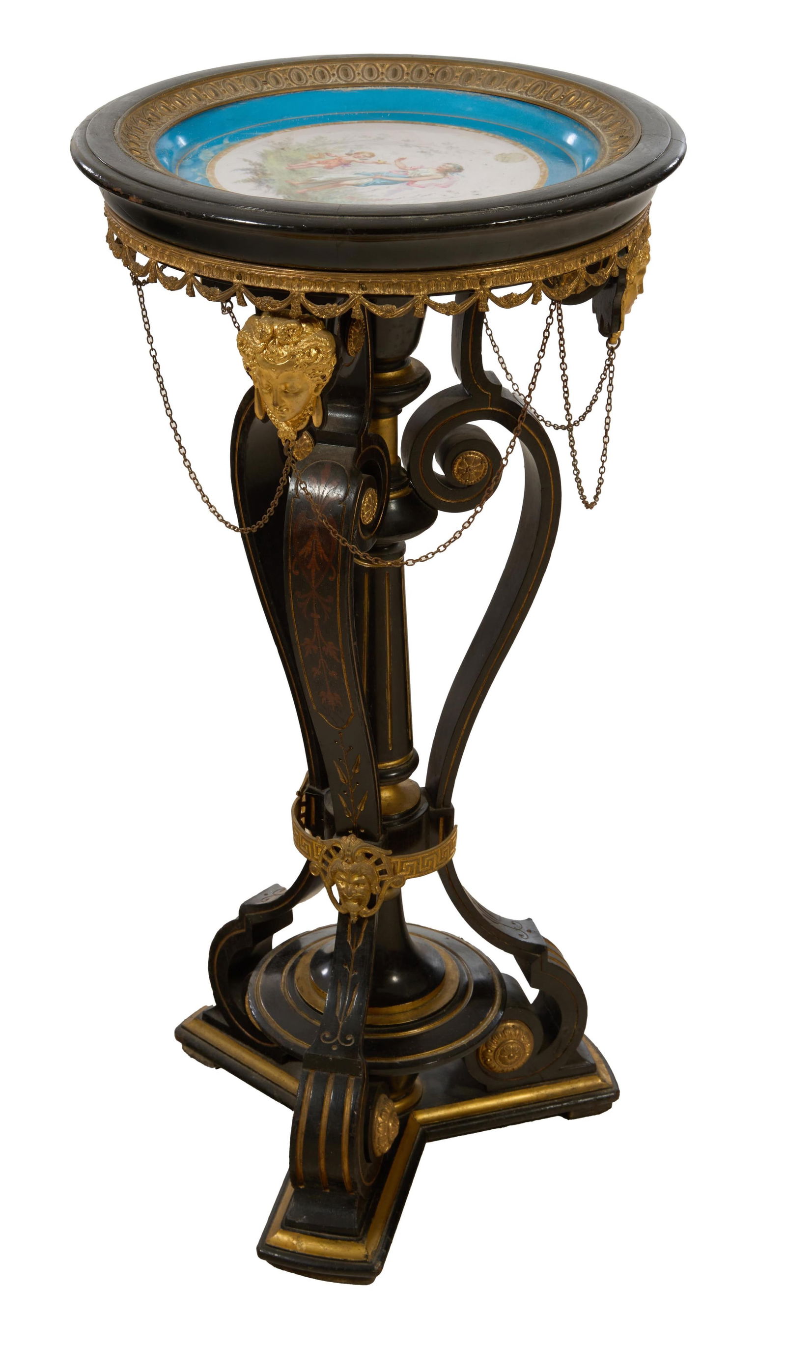 American Bronze Ormolu and Porcelain Mounted Ebonized Aesthetic Pedestal, 19th c., H.- 37 1/2 in., (1 of 3)