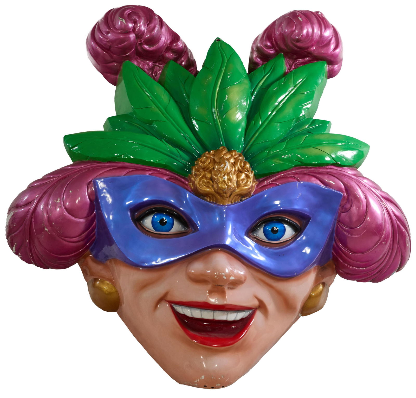 Large Blaine Kern Studios Fiberglass Feather Mask Float Decoration, 20th c., H.- 78 in., W.- 64 in., (1 of 2)