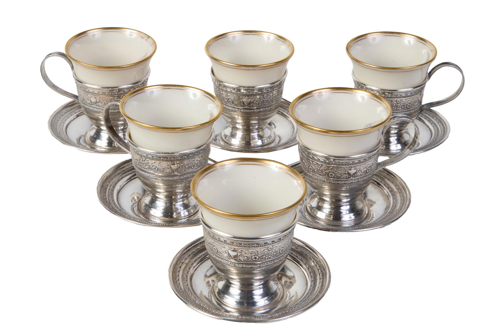 Porcelain and Sterling Silver Demitasse set, 20th c., Sterling Wt.- 7.62 Troy Oz..; Overall- H.- 3 (1 of 3)