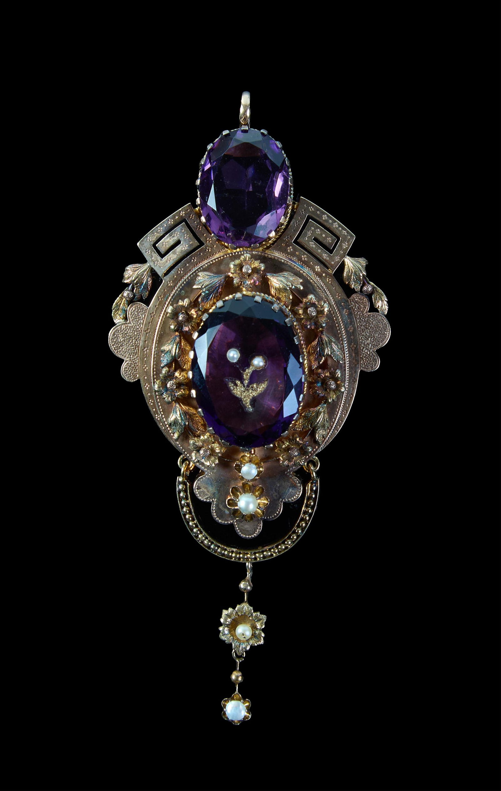 Victorian Gold and Amethyst Brooch Locket, 19th c., H.- 2 3/4 in., W.- 1 3/4 in., D.- 5/8 in. (1 of 5)