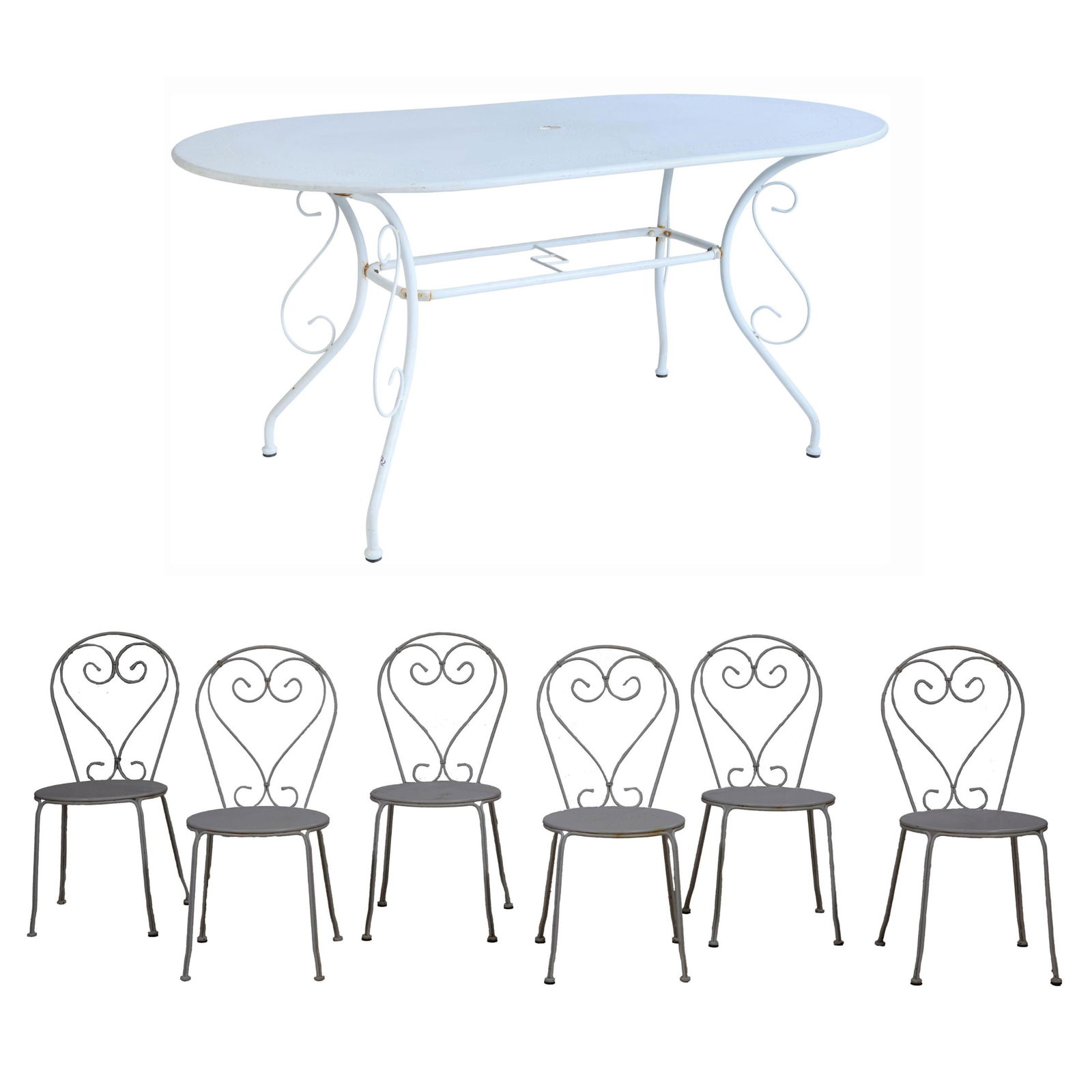 French Metal Garden Table and Chairs, 20th c., Table- H.-29 1/2 in. W.- 64 in., D.- 35 1/2 in.; Chai (1 of 5)