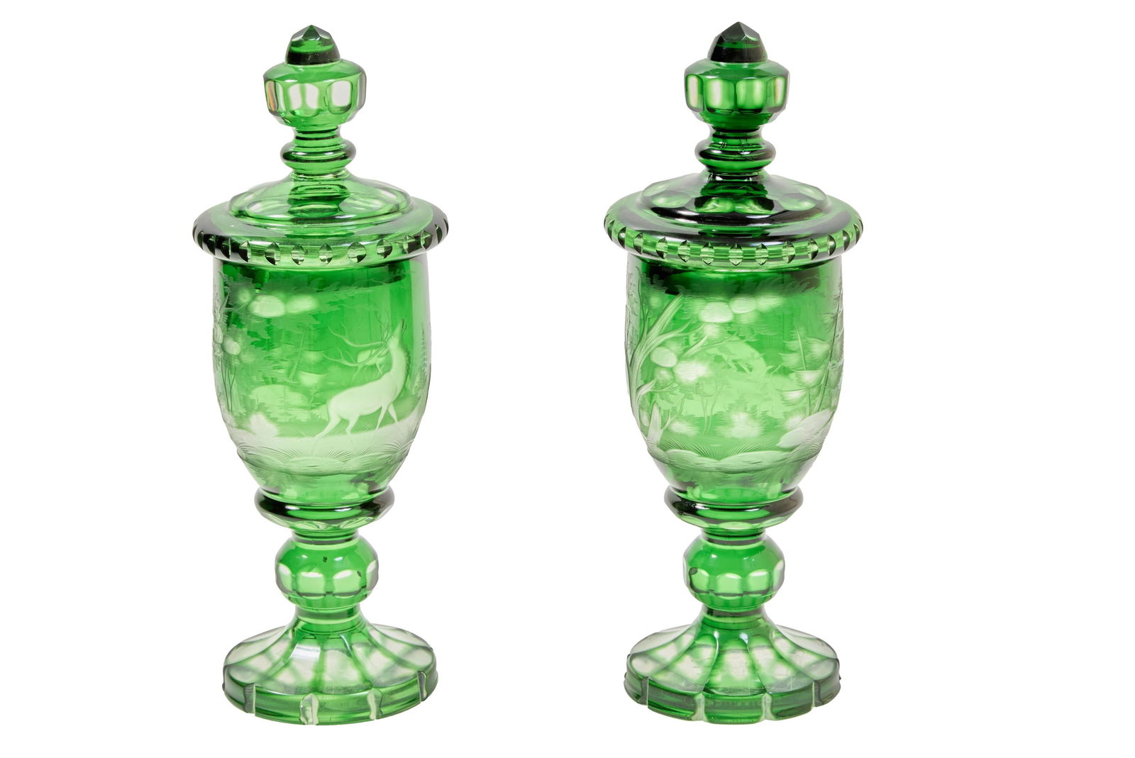 Pair of Bohemian Green Cut to Clear Covered Glass Goblets, late 19th c., Each- H.- 11 in., Dia. - 4 (1 of 13)