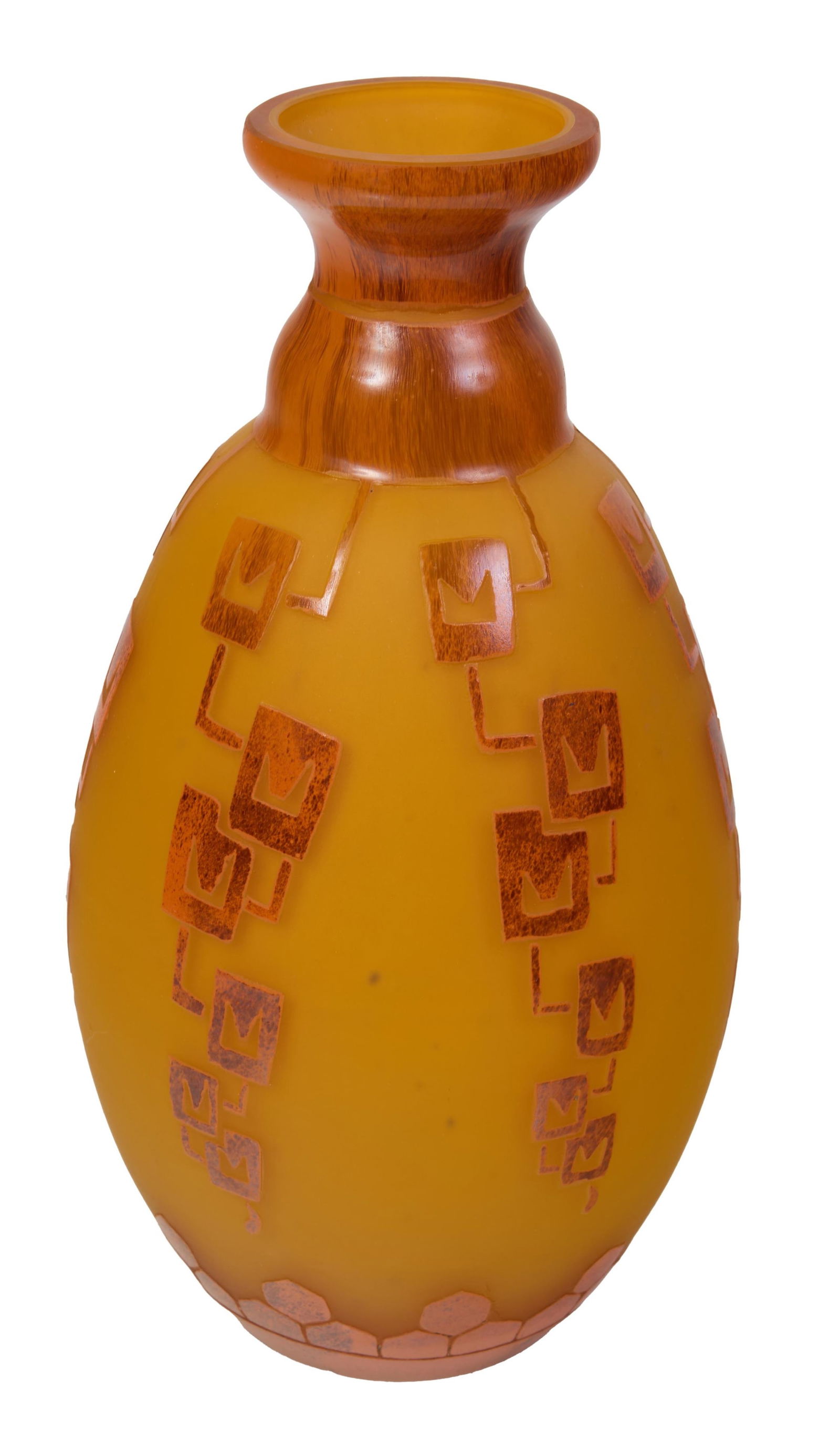 French Cameo Art Glass Charder Baluster Vase, early 20th c., H.- 12 1/2 in., Dia.- 6 3/4 in.: French Cameo Art Glass Charder Baluster Vase, early 20th c., of tapering baluster form, with a relief signature on the side and relief geometric decoration, H.- 12 1/2 in., Dia.- 6 3/4 in.