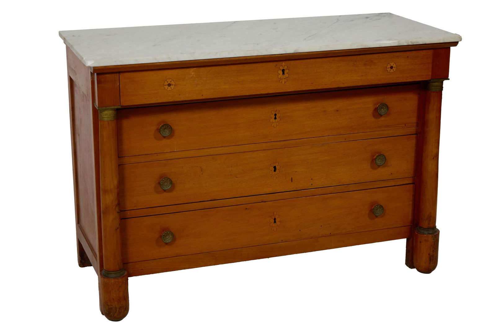 French Directoire Style Ormolu Mounted Marble Top Cherrywood Commode, 19th c., H.- 36 1/2 in., W.- (1 of 2)