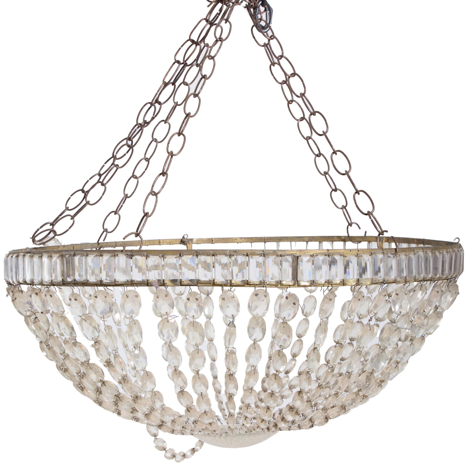 Prism Hung Brass Tiered Basket Chandelier, 20th c., H.- 15 in., Dia.- 23 1/2 in.: Prism Hung Brass Tiered Basket Chandelier, 20th c., the outer circular frame mounted with vertical rectangular prisms, suspending chains of graduated round prisms, H.- 15 in., Dia.- 23 1/2 in.