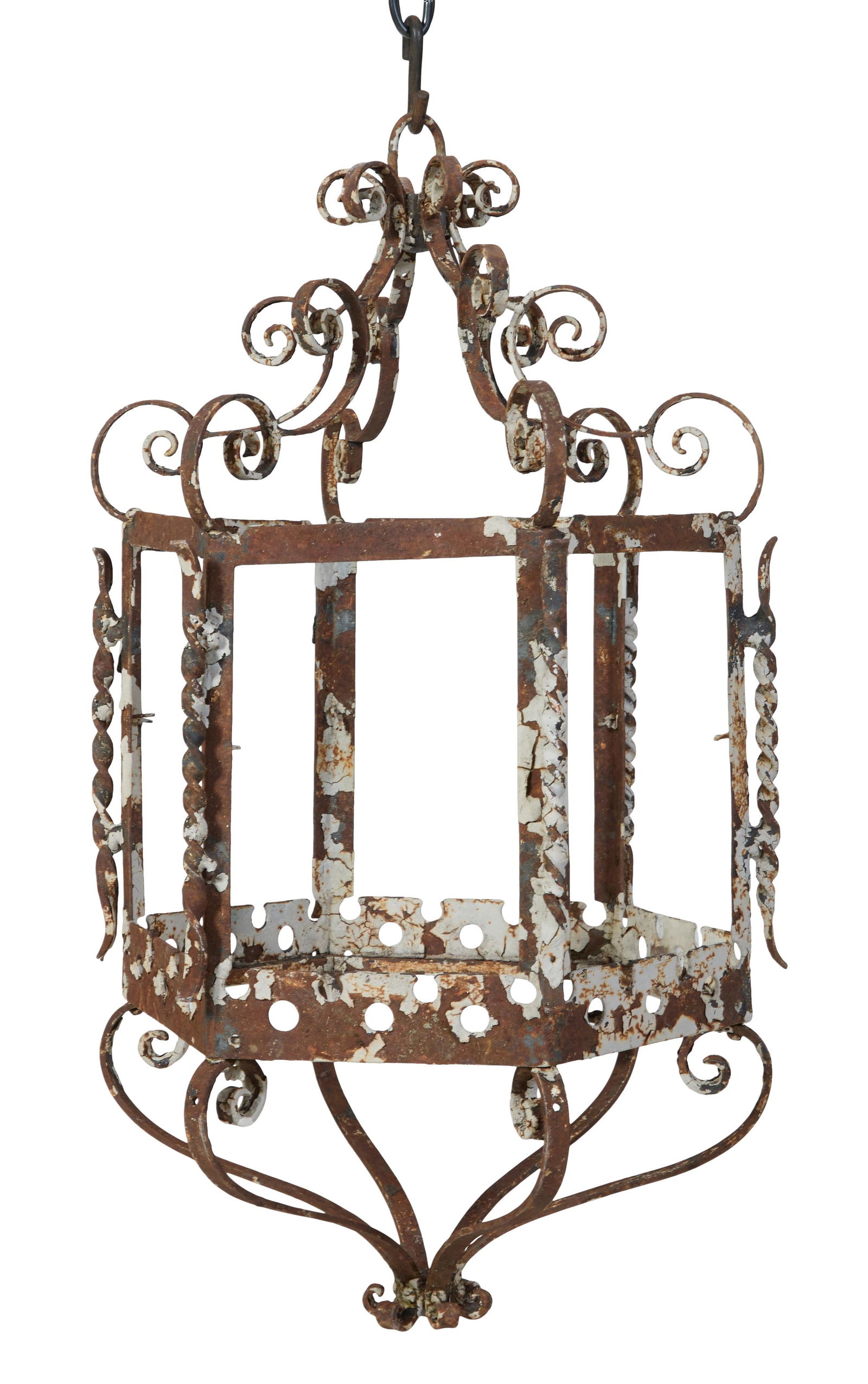 French Wrought Iron Hexagonal Outdoor Hanging Lantern, 20th c., H.- 30 in., W.- 16 in., D.- 16 in. (1 of 1)
