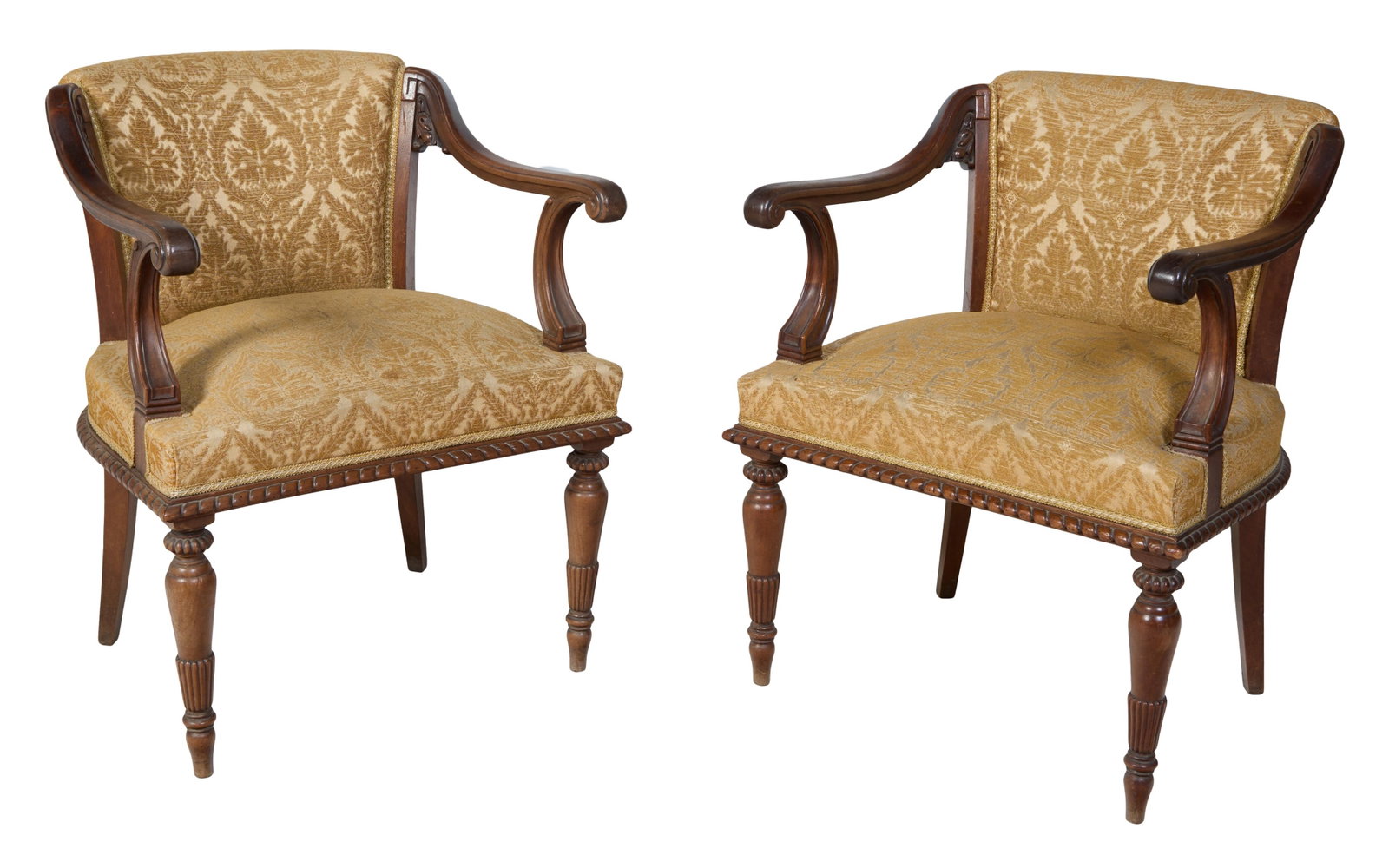 Pair of Louis XVI Style Walnut Armchairs, 19th c., H.- 32 in., W.- 25 in., D.- 25 in. (2 Pcs.): Pair of Louis XVI Style Walnut Armchairs, 19th c., the rolled canted upholstered back over rolled arms, to an upholstered seat, in gold floral fabric, H.- 32 in., W.- 25 in., D.- 25 in. (2 Pcs.)