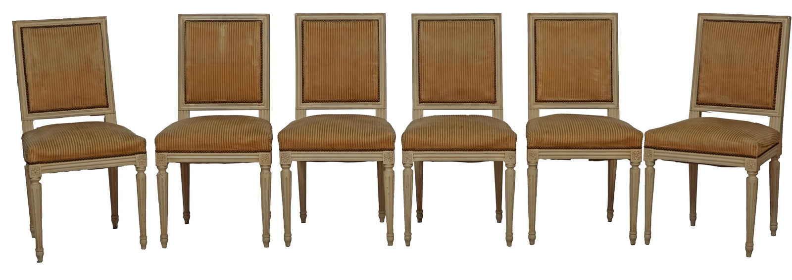 Set of Six French Carved Polychromed Beech Louis XVI Style Creme Peinte Dining Chairs, 20th c., H.- (1 of 6)