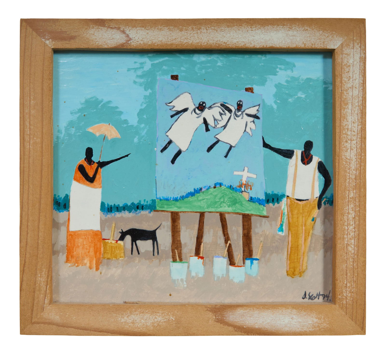 Darrell Loy Scott (Louisiana/Arkansas, 1946-2023), "Presentation of the Angels," 1994, H.- 9 3/4: Darrell Loy Scott (Louisiana/Arkansas, 1946-2023), "Presentation of the Angels," 1994, enamel on masonite, signed and dated lower right, presented in a wood frame, H.- 9 3/4 in., W.- 9 3/4 in., Framed