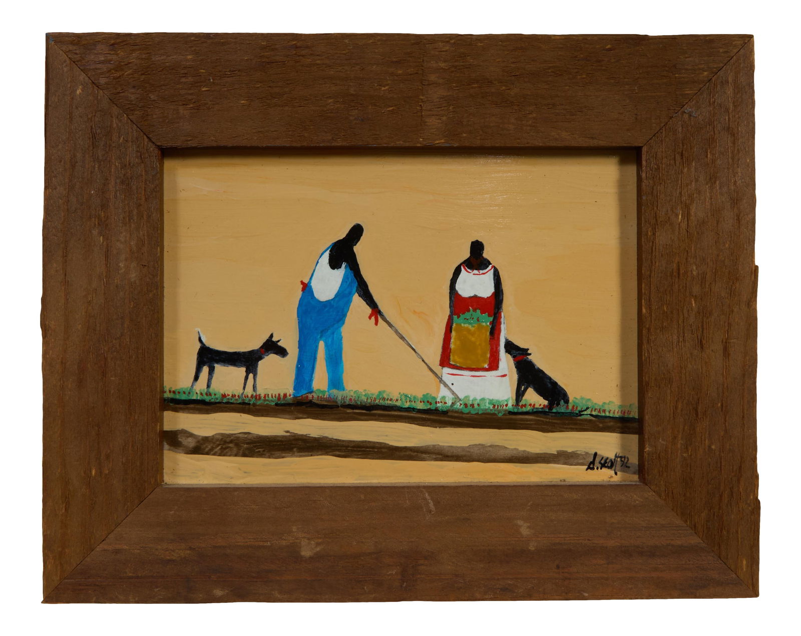 Darrell Loy Scott (Louisiana/Arkansas, 1946-2023), "Couple Collecting Strawberries with Their Dogs,": Darrell Loy Scott (Louisiana/Arkansas, 1946-2023), "Couple Collecting Strawberries with Their Dogs," 1992, enamel on masonite, signed and dated lower right, presented in a wide beechwood frame, H.- 5