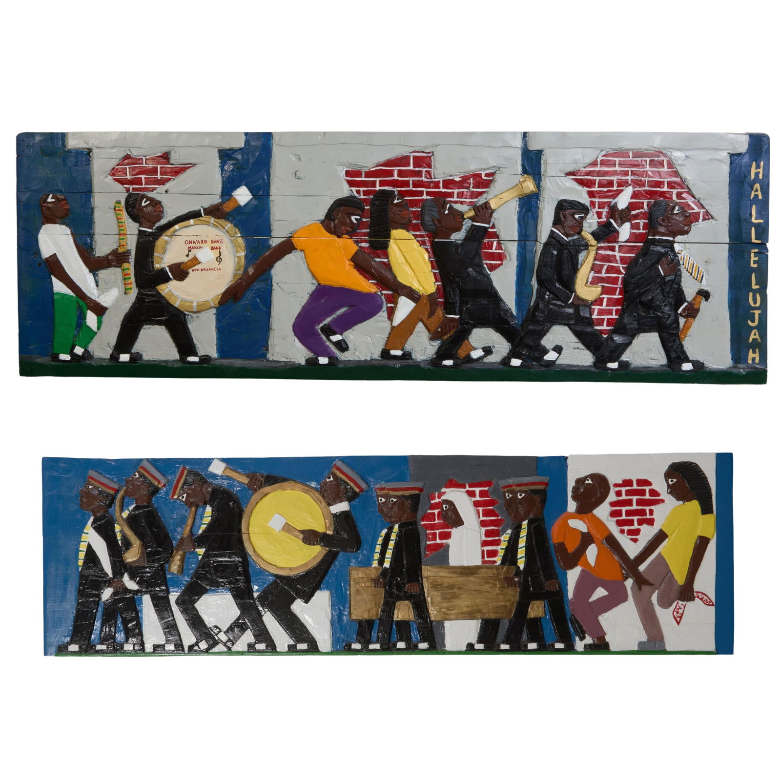 Herbert "Coon" Singleton (Moroccan/Louisiana, 1945-2007), "Hallelujah (Onward Brass Marching Band): Herbert "Coon" Singleton (Moroccan/Louisiana, 1945-2007), "Hallelujah (Onward Brass Marching Band) Second Line" and "Jazz Funeral Procession," each enamel on carved wood panel, the first titled in wor