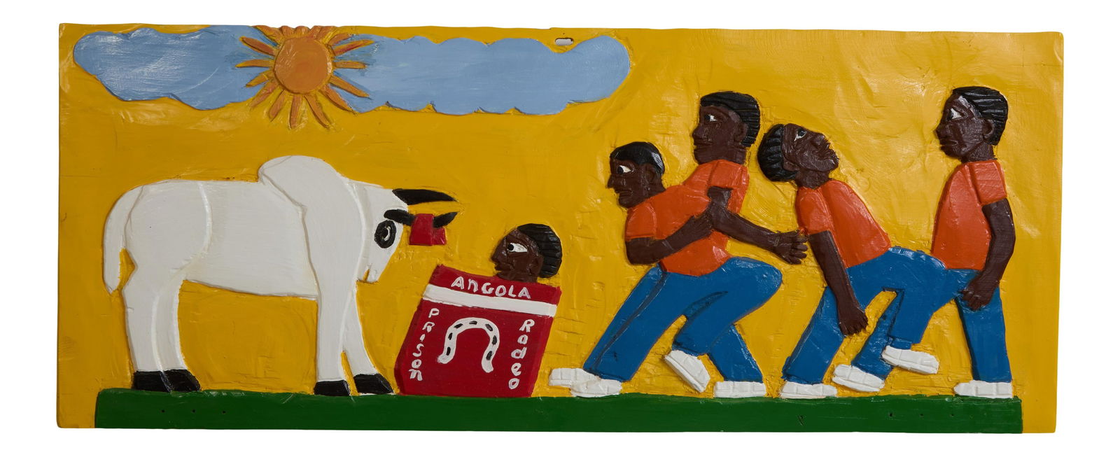 Herbert "Coon" Singleton (Moroccan/Louisiana, 1945-2007), "Angola Prison Rodeo," H.- 16 1/4 in., W.-: Herbert "Coon" Singleton (Moroccan/Louisiana, 1945-2007), "Angola Prison Rodeo," enamel on carved wood panel, signed en verso, unframed, H.- 16 1/4 in., W.- 41 in. Provenance: The Curated Collection o