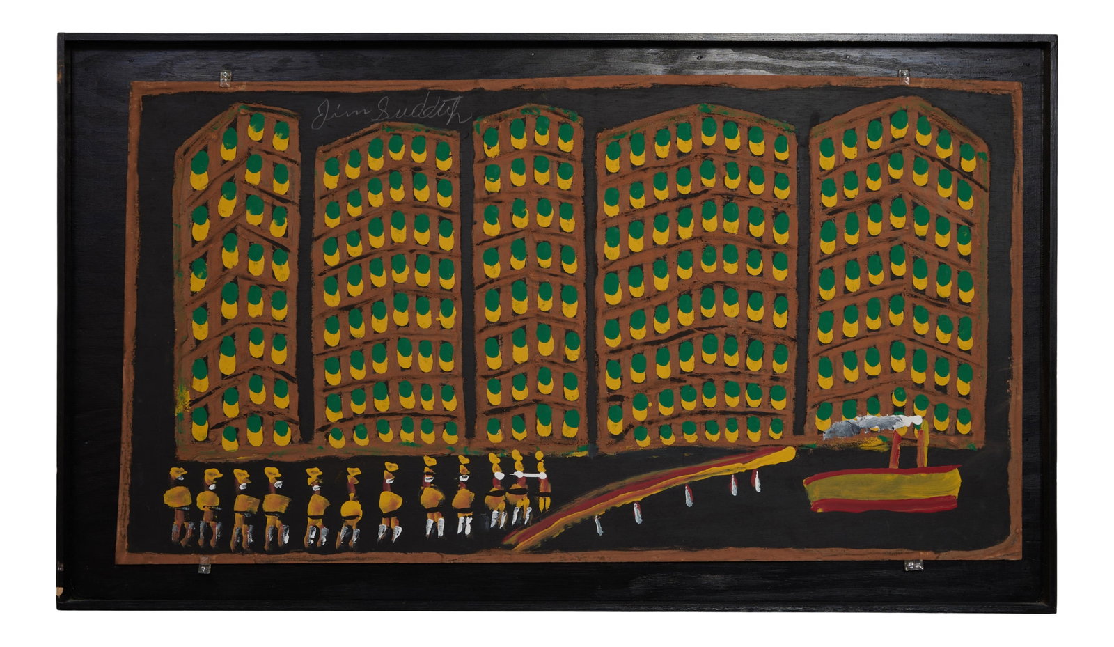 Jimmy Lee Sudduth (American/Alabama, 1910-2007), "March to The Boat," H.- 24 in., W.- 44 1/2 in.,: Jimmy Lee Sudduth (American/Alabama, 1910-2007), "March to The Boat," paint on wood panel, signed top left, presented in a thin black wood frame, H.- 24 in., W.- 44 1/2 in., Framed- H.- 28 1/2 in., W.