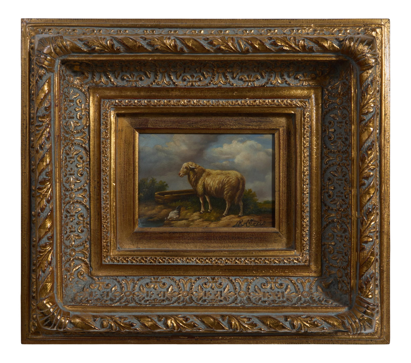 R. Mario (Continental, 20th Century), "Landscape with Sheep," H.- 5 in., W.- 6 3/4 in., Framed- H.- (1 of 4)