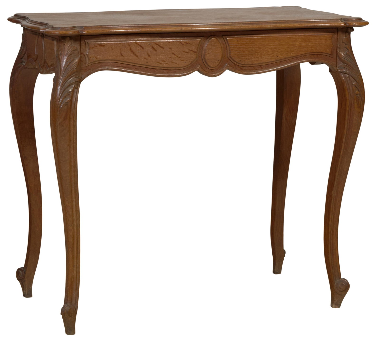French Louis XV Style Carved Oak Writing Desk, 20th c., H.- 29 3/4 in., W.- 33 1/2 in., D.- 17 3/4: French Louis XV Style Carved Oak Writing Desk, 20th c., the moulded shaped top over hidden frieze drawer, with acanthus carved knees, on scrolled cabriole legs, H.- 29 3/4 in., W.- 33 1/2 in., D.- 17 