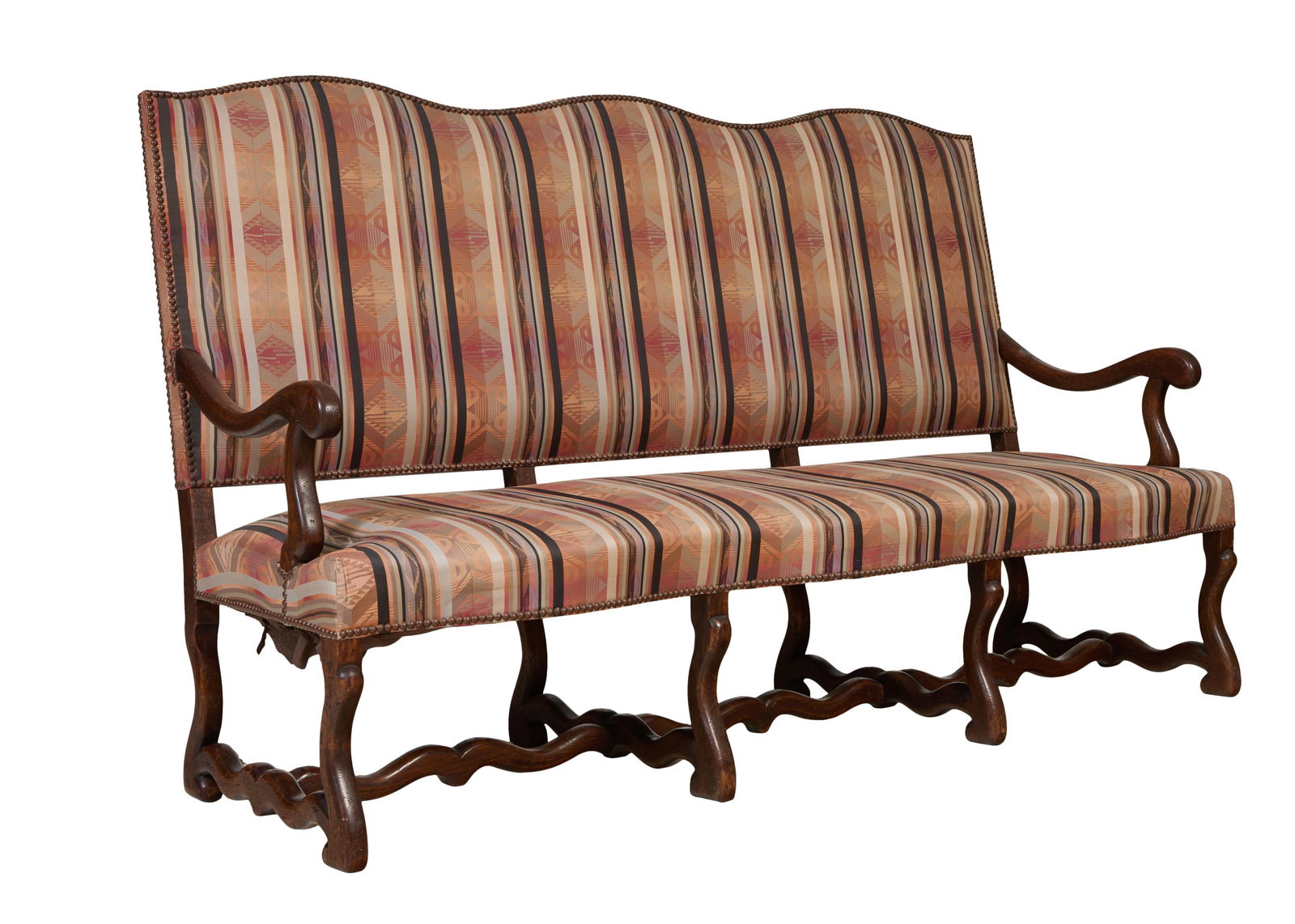 French Charles VIII Style Os de Mouton Oak Settee, 19th c., H.- 42 1/2 in., W.- 70 in., D.- 26 in.: French Charles VIII Style Os de Mouton Oak Settee, 19th c., the triple arched back to downswept arms, with serpentine seat, on sheep bone stretchered shaped legs, in striped upholstery with nailhead t