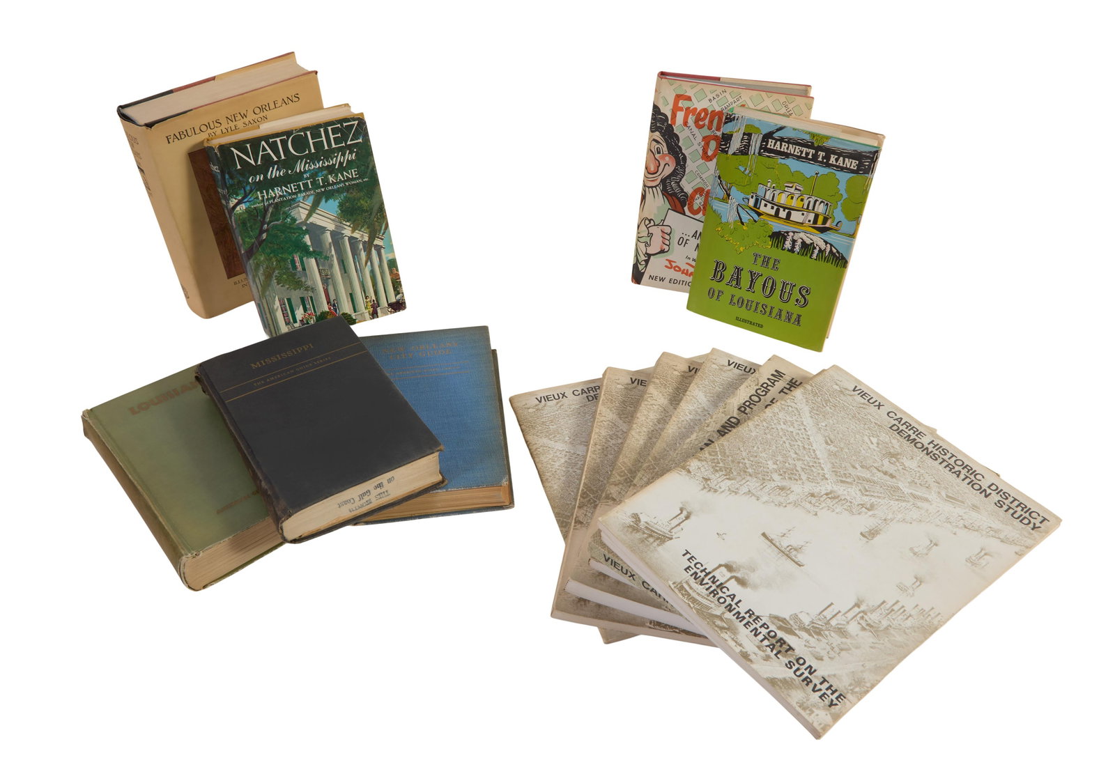 Group of Fourteen Louisiana/New Orleans Publications, 20th c., Vieux Carre- H.- 11 in., W.- 8 5/8: Group of Fourteen Louisiana/New Orleans Publications, 20th c., consisting of seven hardbound books, "Frenchmen Desire Good Children, by John Chase, 1960, with original dust jacket; "Natchez on the Mis