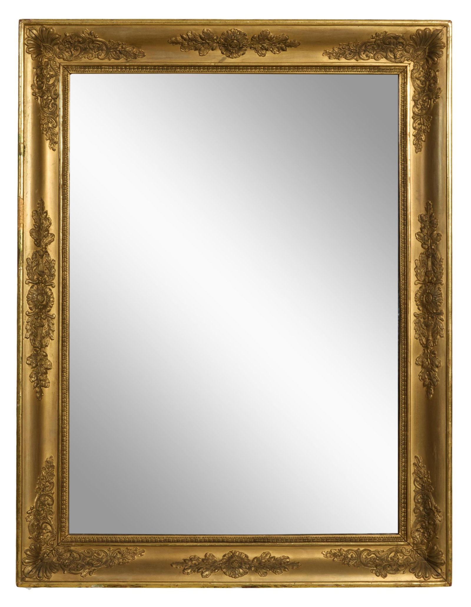 French Empire Giltwood and Gesso Mirror, early 19th c., H.- 36 1/2 in., W.- 27 1/2 in.: French Empire Giltwood and Gesso Mirror, early 19th c., the coved surround with anthemion centered corners, rosette centered sides, accented with scrolling foliate decoration, lamb's tongue inner lini