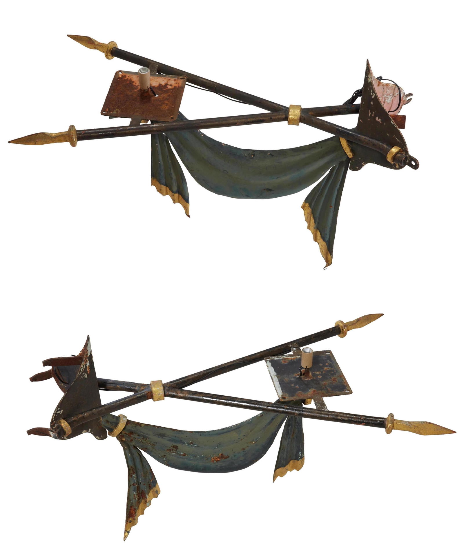 Unusual Pair of Large French Iron Polychromed Corner Sconces, 20th c., H.- 31 1/2 in., W.- 22 in., (1 of 5)