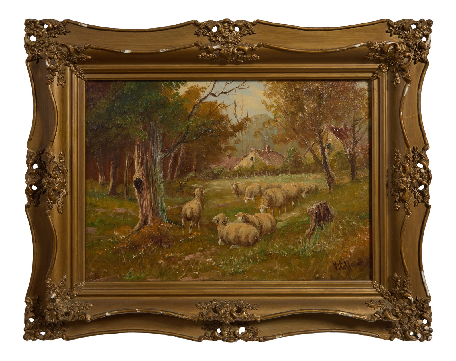 Vitolla (Italian/New York, act. 1910-1911), "Sheep Pasturing in a Wooded Vale," H.- 10 in., W.- 14: Vitolla (Italian/New York, act. 1910-1911), "Sheep Pasturing in a Wooded Vale," oil on canvas, signed lower right, presented in a gesso and giltwood frame, H.- 10 in., W.- 14 in., Framed- H.- 15 1/4 i