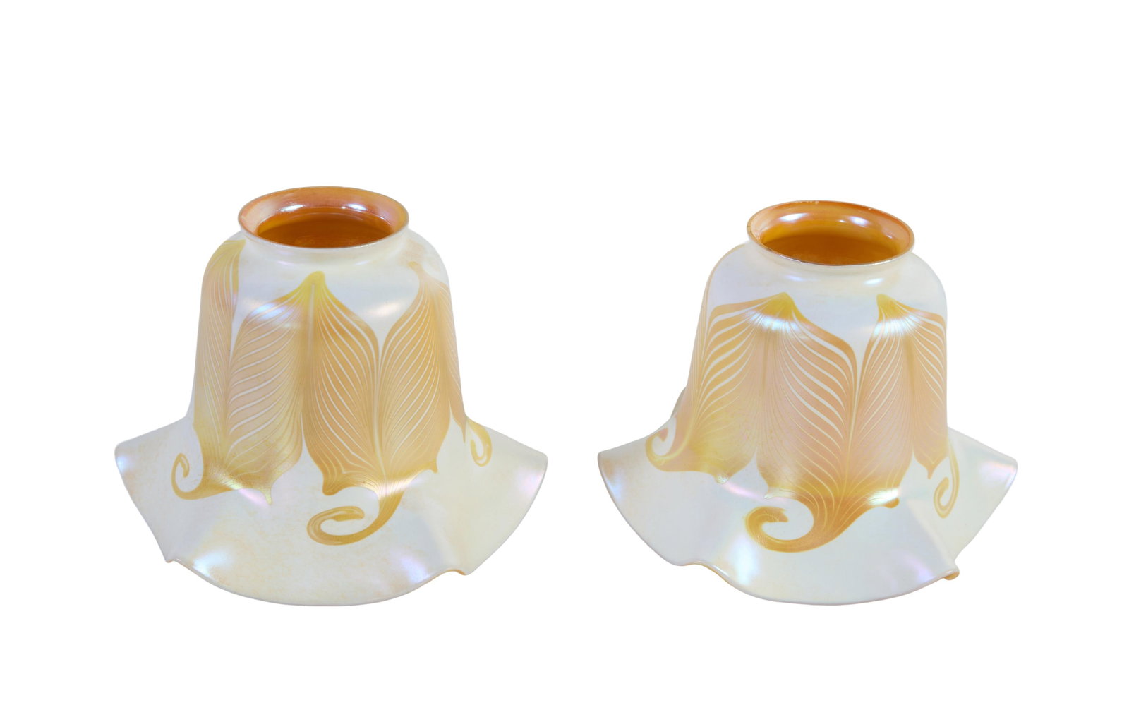 Pair of Quezal Art Glass Pulled Feather Floriform Trumpet Shades, early 20th c., Each H.- 4 1/2 in., (1 of 2)