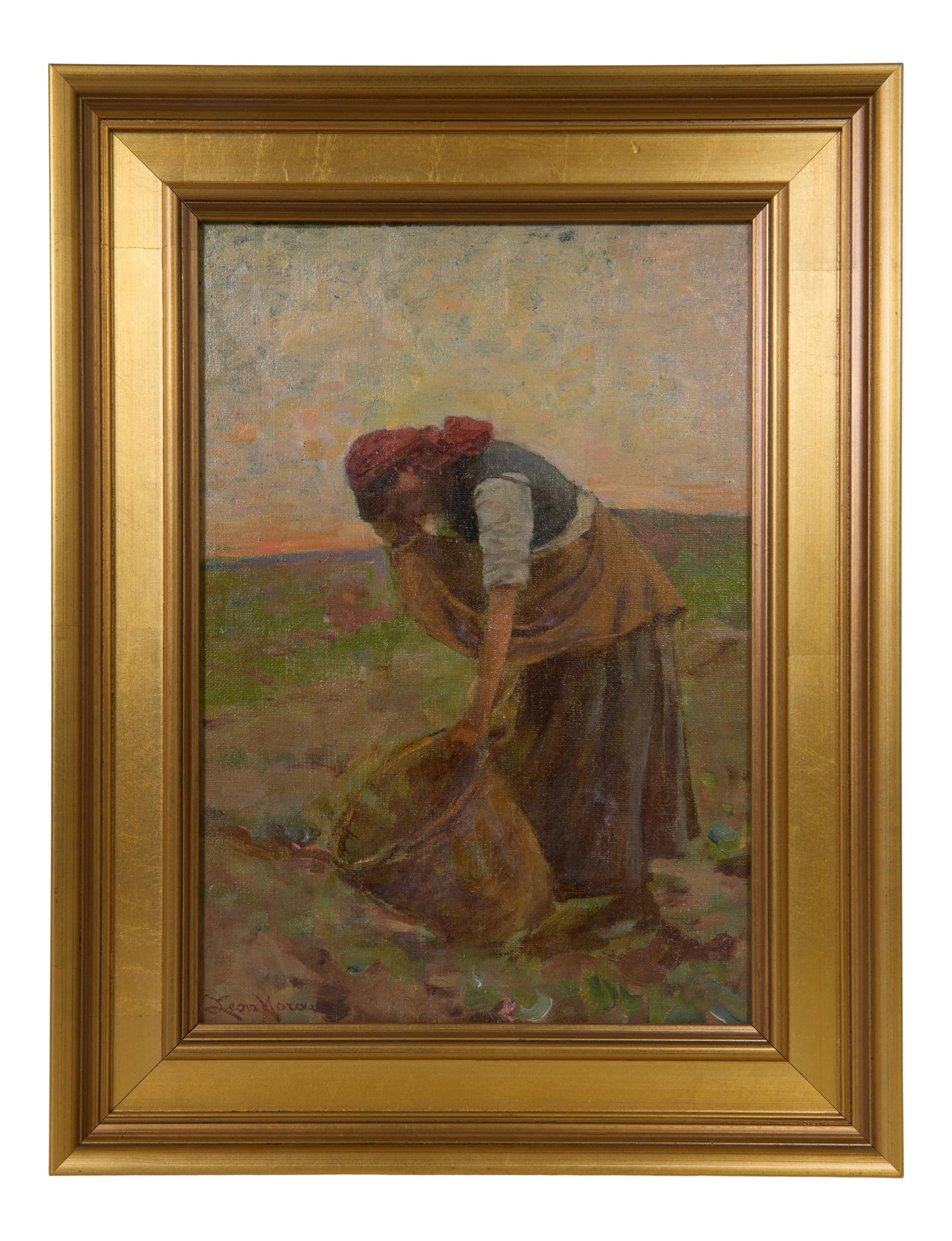 Leon Moran (American, 1864-1941), "Mussel Gatherer," ca. 1886-1890, H.- 12 3/4 in., W.- 9 in.,: Leon Moran (American, 1864-1941), "Mussel Gatherer," ca. 1886-1890, oil on canvas laid down on board, signed lower left, presented in a giltwood frame, H.- 12 3/4 in., W.- 9 in., Framed- H.- 16 1/2 in