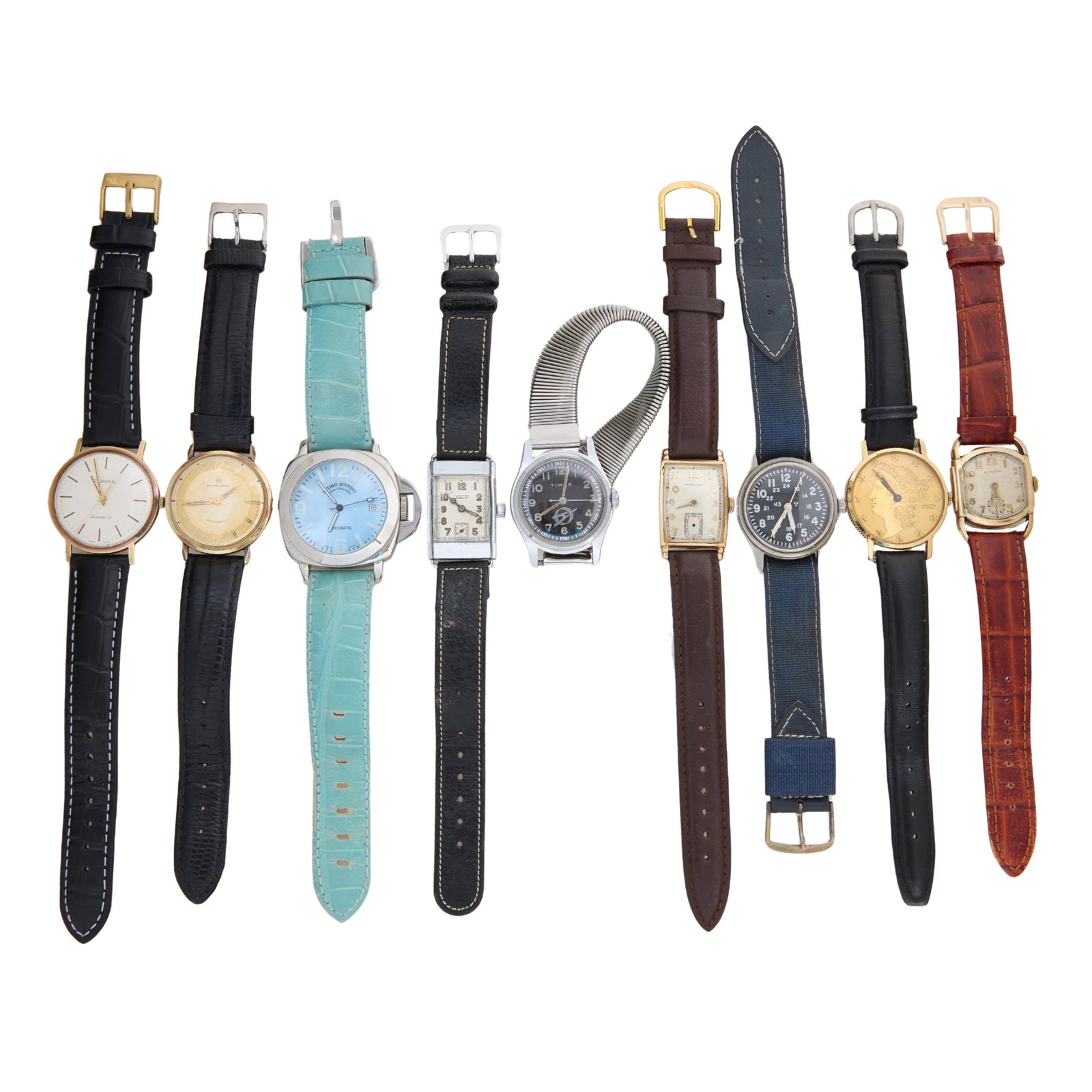 Group of Nine Man's Wristwatches, 20th c., Hamilton Liberty- Case- Dia.- 33 mm. (9 Pcs.) (1 of 1)