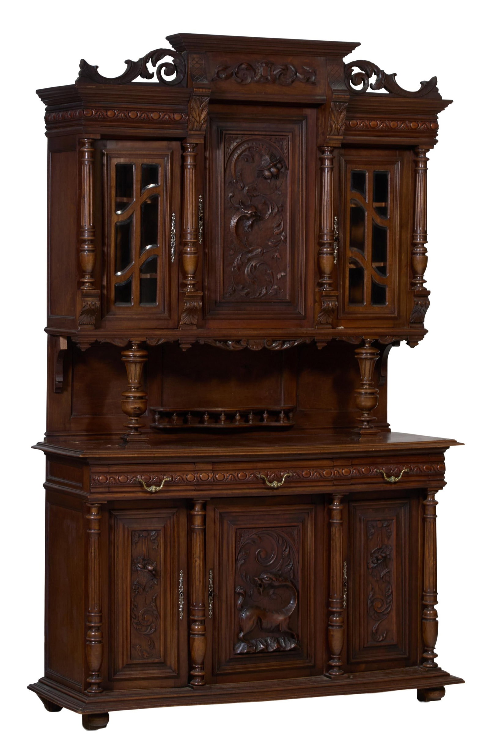 French Henri II Style Carved Walnut Buffet a Deux Corps, 19th c., H.- 94 3/4 in., W.- 58 1/4 in., (1 of 2)