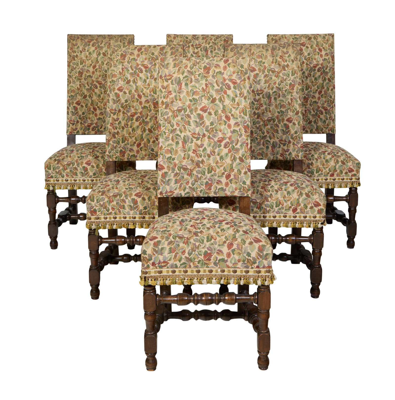 Set of Six French Louis XIII Style Oak Dining Chairs, 19th c., Each- H.- 40 1/2 in., W.- 17 1/2 in., (1 of 2)