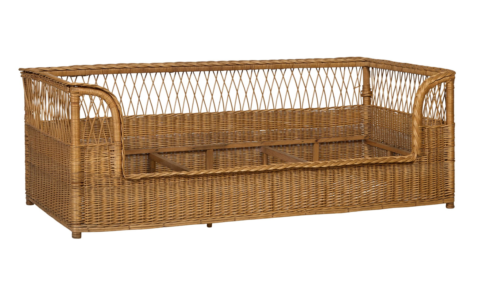 French Wicker Lit de Jour, early 20th c., H.- 26 in., W.- 73 in., D.- 34 in.: French Wicker Lit de Jour, early 20th c., the box form with braided surround, shaped arms, lattice section over lower tight weave, on integral feet, H.- 26 in., W.- 73 in., D.- 34 in.