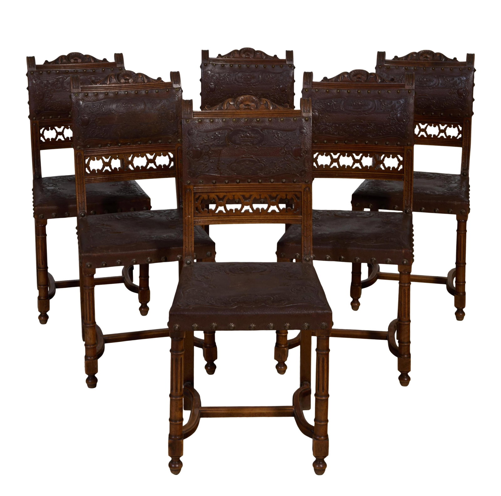 Set of Six French Henri II Style Carved Walnut Dining Chairs, 19th c., Each- H.- 37 in., W.- 16 1/2 (1 of 4)
