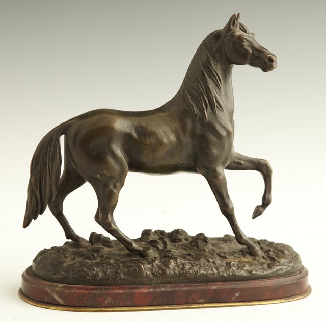 After Pierre-Jules Mene (1810-1879), "Standing Hors: After Pierre-Jules Mene (1810-1879), "Standing Horse," 20th c., bronze, on an oval rouge marble and bronze base, H.- 8 1/4 in., W.- 8 1/2 in., D.- 4 1/8 in.