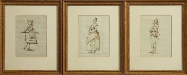 German School, "Figure Studies", 18th c., suite of: German School, "Figure Studies", 18th c., suite of three pen and ink sketches, framed, H.- 7-3/4 in., W.- 5-3/4in.