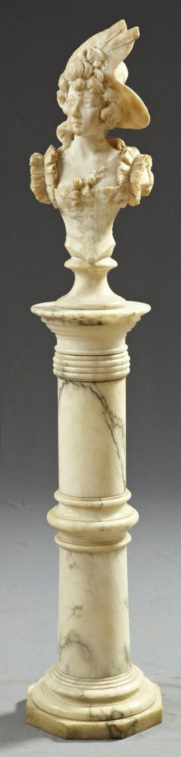 Italian Carved Alabaster Bust of a Beauty, late 19t: Italian Carved Alabaster Bust of a Beauty, late 19th c., probably Florentine, the figure depicted in an extravagant hat, on a socle base , together with a veined Carrara marble pedestal with a revolvi
