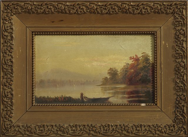 Continental School, "Boat on a Mountain Lake," 19th: Continental School, "Boat on a Mountain Lake," 19th c., oil on canvas, presented in a period gilt and gesso frame, H.- 7 1/4 in., W.- 12 in.