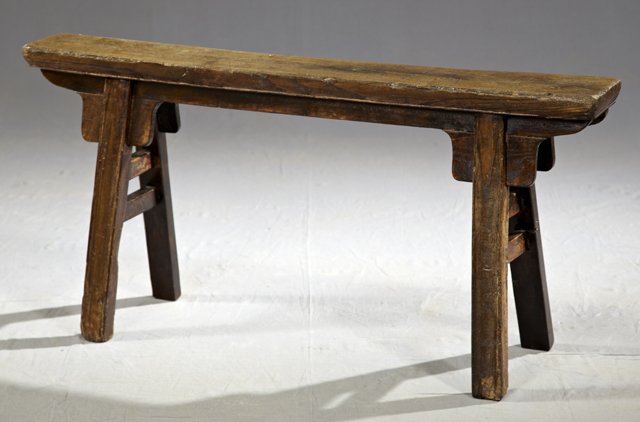 Diminutive Chinese Carved Elm Bench, 19th c., on sp: Diminutive Chinese Carved Elm Bench, 19th c., on splayed legs, H.- 18 in., W.- 38 in., D.- 11 in.