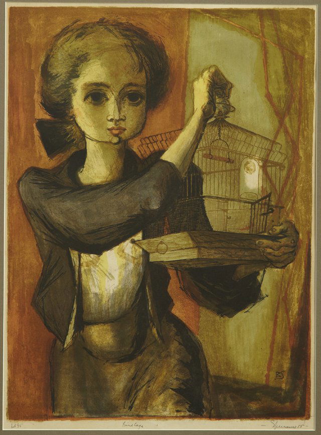 Benton Murdoch Spruance (1904-1967), "Birdcage," l: Benton Murdoch Spruance (1904-1967), "Birdcage," lithograph, 1955, ed 35, pencil marked "ED35" l.l., pencil titled lower center margin, pencil signed l.r. margin, framed, H.- 22 1/2 in., W.- 16 3/8 in