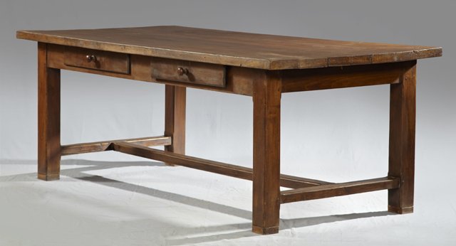 French Provincial Carved Birch Farmhouse Table, la: French Provincial Carved Birch Farmhouse Table, late 19th c., the thick seven plank top on large square legs, joined by rectangular stretchers, each of the long sides with two frieze drawers, H.- 29 1