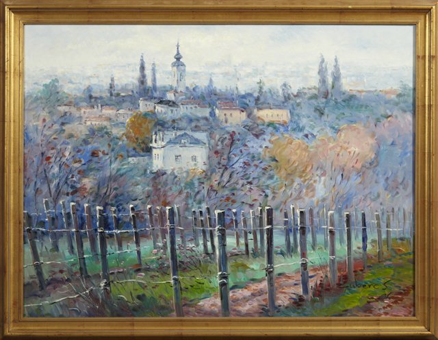 Manuel Cuberos, "View of the City From the Fields,: Manuel Cuberos, "View of the City From the Fields," 1996, oil on canvas, signed and dated l.r., framed, H.- 30 in., W.- 40 in.