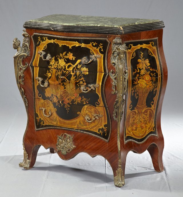 Bronze Ormolu Mounted Mahogany Marble Top Bombe Ch: Bronze Ormolu Mounted Mahogany Marble Top Bombe Chest, 20th c., the inset green marble over three drawers with painted floral decoration, within relief figural ormolu mounted edges, on cabriole legs w