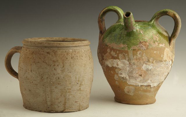 Two Pieces of French Earthenware Pottery, 19th c.,: Two Pieces of French Earthenware Pottery, 19th c., consisting of a partially glazed gargoulette with two handles and a spout, and a large baluster handled jar, with ribbed decoration. (2 Pcs.)