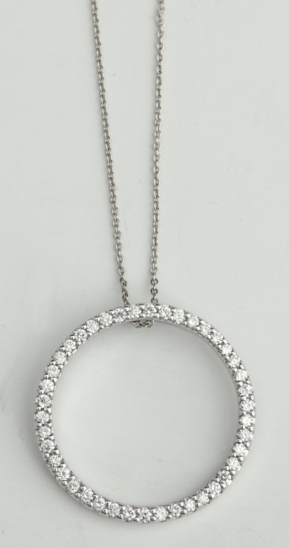 18K White Gold Circle Pendant, by Roberto Coin, th: 18K White Gold Circle Pendant, by Roberto Coin, the edge mounted with small round diamonds, on an 18K white gold tiny link chain, L.- 15 1/2 in., Dia.- 1 in.