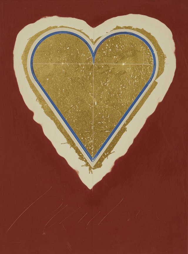 George Bauer Dunbar (1927-, Louisiana) "Heart", go: George Bauer Dunbar (1927-, Louisiana) "Heart", gold leaf over red clay, from the "Hardedge Hearts" series, signed bottom center "Dunbar", unframed, H.- 16 in., W.- 12 in..