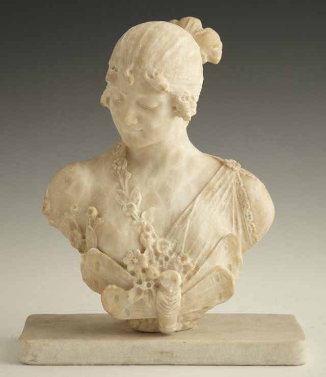 Art Nouveau Carved Alabaster Female Bust, c. 1900,: Art Nouveau Carved Alabaster Female Bust, c. 1900, probably Italian, now mounted on a later marble base, H.- 10 1/2 in., W.- 9 in., D.- 4 in.
