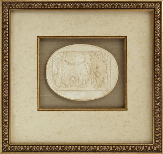Oval Plaster Intaglio, 19th c., of a classical sce: Oval Plaster Intaglio, 19th c., of a classical scene, probably a Grand Tour souvenir, presented in a shadowbox frame, H.- 4 5/8 in., W.- 5 7/8 in.
