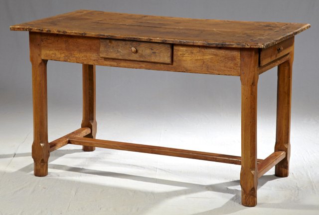 French Provincial Carved Elm Farmhouse Table, 19th: French Provincial Carved Elm Farmhouse Table, 19th c., the two plank top over frieze drawers on each side, on octagonal legs joined by rectangular stretchers, H.- 29 1/8 in., W.- 49 1/2 in., D.- 26 3/
