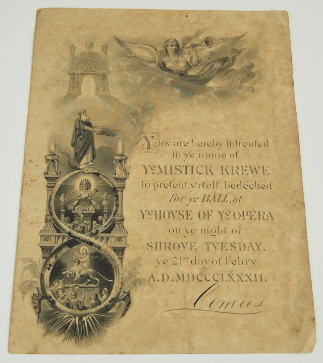 Mardi Gras Ball Invitation, Comus, 1882, unframed,: Mardi Gras Ball Invitation, Comus, 1882, unframed, H.- 10 in., W.- 7 1/2 in.