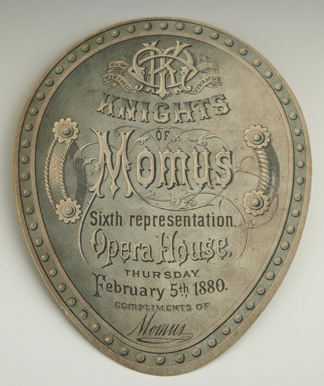Mardi Gras Ball Invitation, Momus, 1880, unframed,: Mardi Gras Ball Invitation, Momus, 1880, unframed, H.- 7 3/8 in., W.- 5 7/8 in.