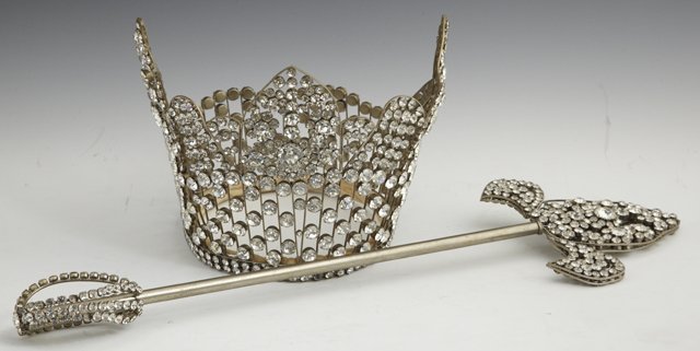 Mardi Gras- Queen's Crown and Scepter, Krewe of He: Mardi Gras- Queen's Crown and Scepter, Krewe of Hercules, c. 1970, studded with faux diamonds, Crown- H.- 7 1/2 in., Dia.- 9 1/4 in.